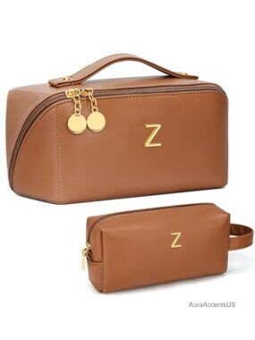 Initial Monogram Makeup Bag Set for Women Gift Large Cosmetic Travel Toiletry